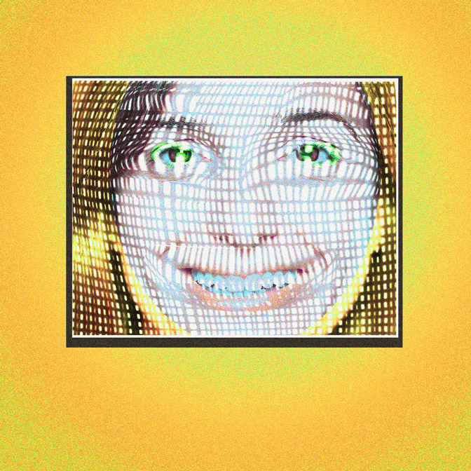 Digital composite of a human face overlaid with a glowing blue grid pattern representing artificial intelligence therapy and mental health technology on a yellow background.