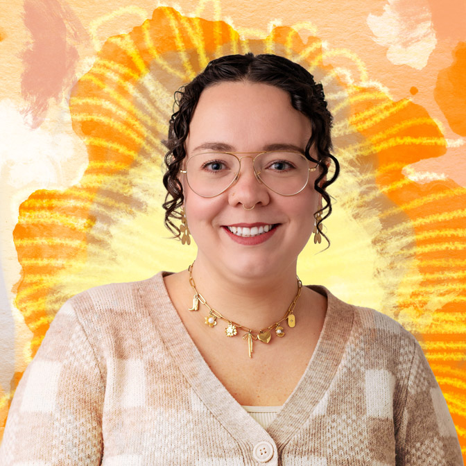 Alyssa Apple, LMHC, a licensed mental health counselor at Handel Behavioral Health, smiling in a professional headshot with a warm, artistic orange and yellow background.