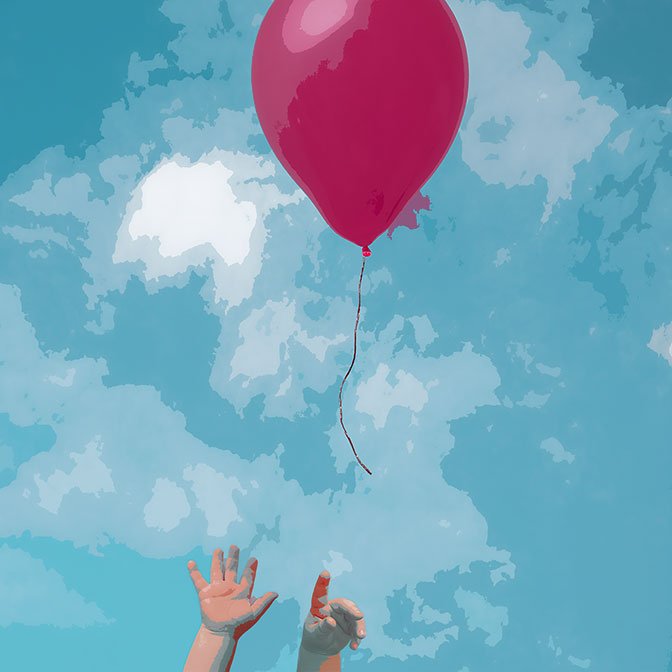 child hands reaching for red balloon