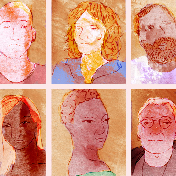 Illustrated collage of six diverse individuals representing a spectrum of gender identities; watercolor-style portraits symbolizing inclusivity, gender diversity, and the importance of gender-affirming mental health care.