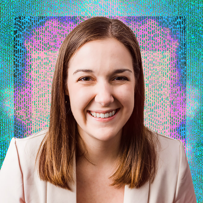 Portrait of Kaitlin Corson, LMHC, clinical supervisor at Handel Behavioral Health, smiling against a colorful textured background.