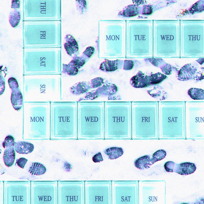 Aerial view of shuffling footprints and a weekly pill organizer representing the steps toward breaking mental health medication stigma for anxiety, depression, ADHD, and bipolar disorder treatment in Massachusetts