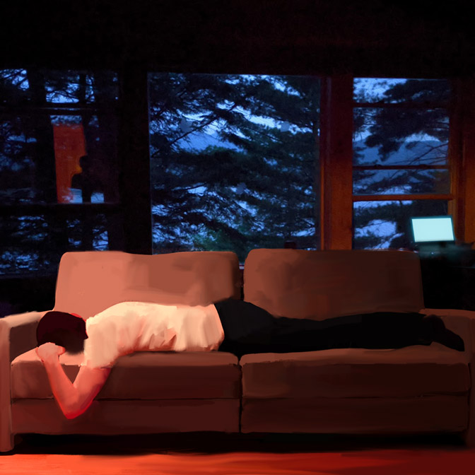 man laying on a couch with white shirt and black pants, face turned toward the couch presumably sleeping, under a warm light with a glowing computer screen in the background next to large windows with a view of trees and mountains in (blueish) dusk setting