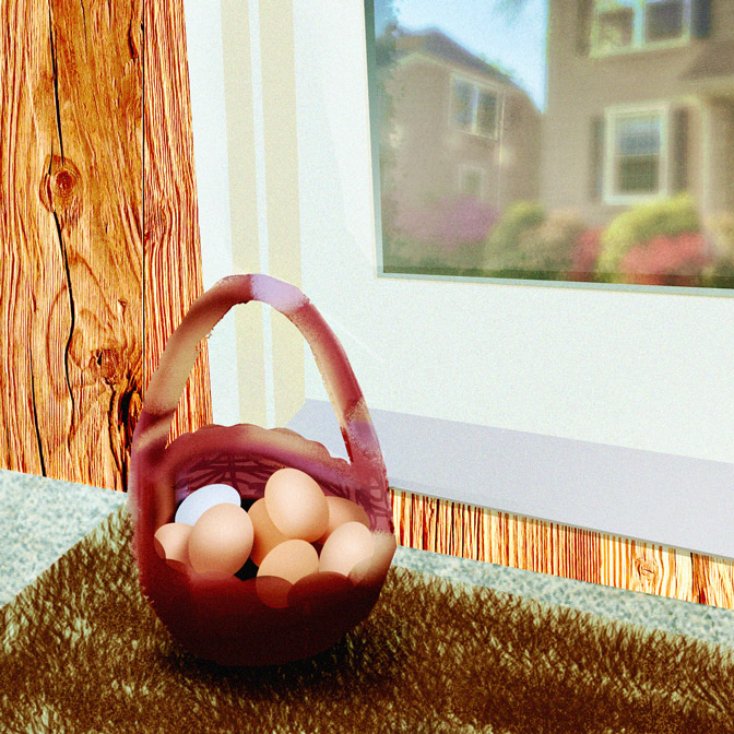 A basket of fresh eggs on a front porch next to a neighbor's window, illustrating the mental health benefits of community building and being a good neighbor.