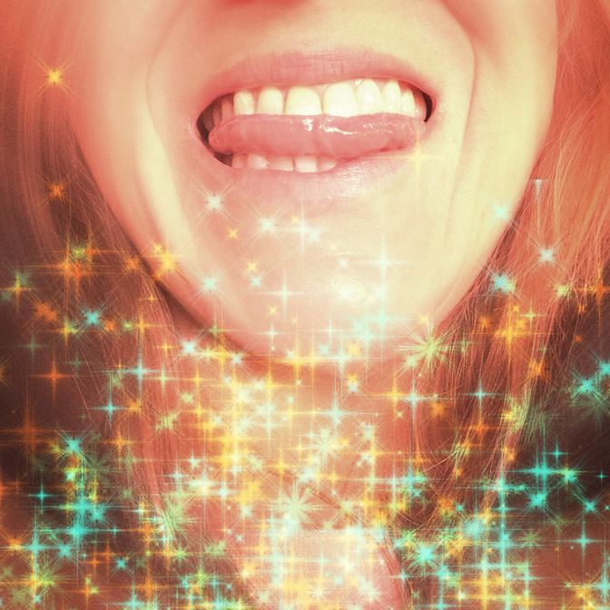 Close-up of a person biting their tongue with festive holiday sparkles, symbolizing restraint, emotional regulation, and managing family conflict during stressful holiday gatherings
