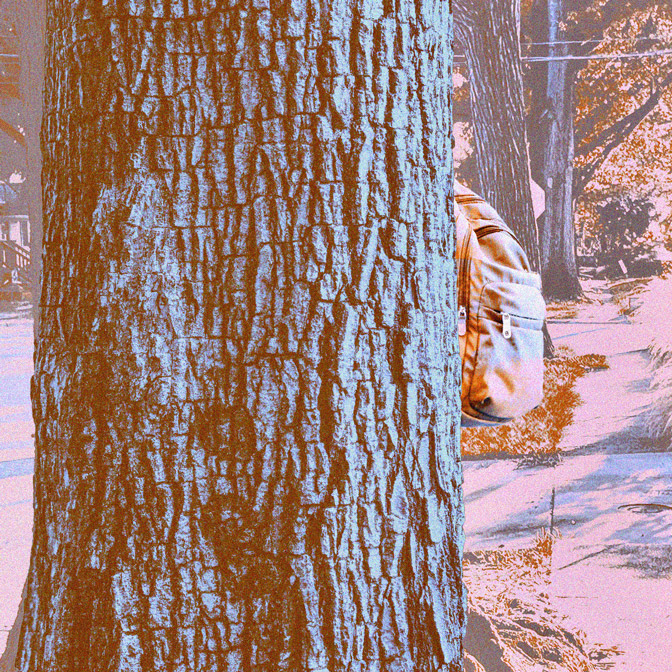 Child’s backpack partially hidden behind a tree, symbolizing social exclusion and bullying among school-aged children in Massachusetts.