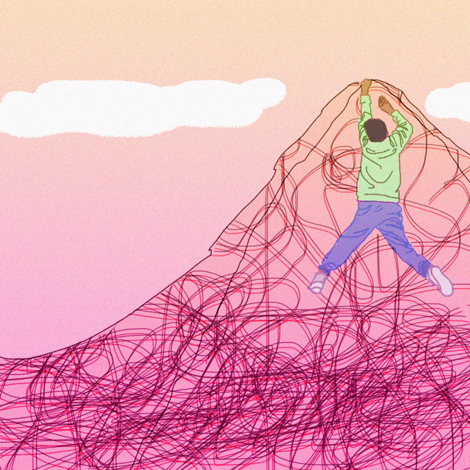 Illustration representing burnout and mental exhaustion, showing a person climbing a tangled mountain symbolizing ADHD burnout, autistic burnout, overwhelm, and emotional fatigue.