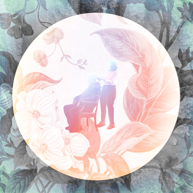 Abstract artistic illustration of a woman caregiver tending to an elderly man in a chair, set within a soft floral circular frame, symbolizing the compassion and emotional toll of caregiving.