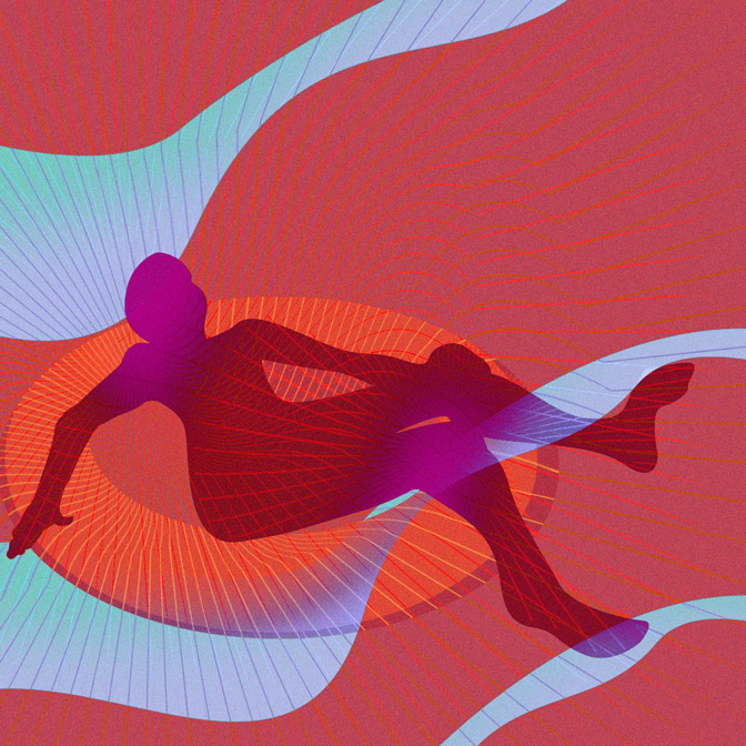 Abstract illustration of a person riding fluid waves, symbolizing the emotional and physical journey of living with chronic pain; vibrant red, purple, and blue hues depict the fluctuating intensity and rhythm of chronic pain management.