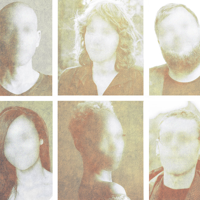 A collage of six faceless, diverse individuals with blurred features, representing the spectrum of gender identities and the universality of gender exploration; symbolic artwork for gender affirming care and gender identity support.