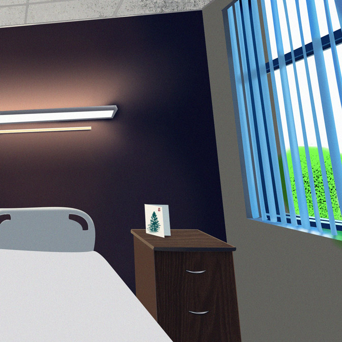 Hospital room with soft natural light through window blinds and a bedside table, symbolizing the emotional impact of chronic illness and the importance of mental health counseling during medical treatment.