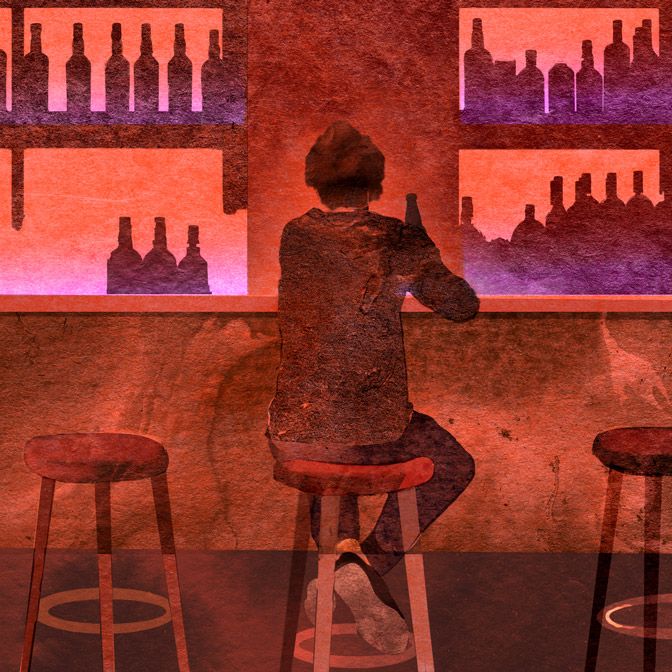 A man sitting alone in a somber bar setting; an illustration representing the male loneliness epidemic and the need for accessible mental health services in Massachusetts.