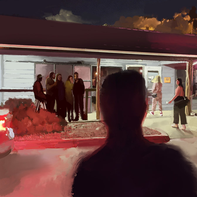 painterly image of back of a man's head and shoulders who is standing in the parking lot, facing the front of a bar where a group of people standing in front of the bar are looking at him whispering, two other women are walking in the bar, one of whom is looking back at him. the front of the bar is well lit but the group of characters whispering are shadowy