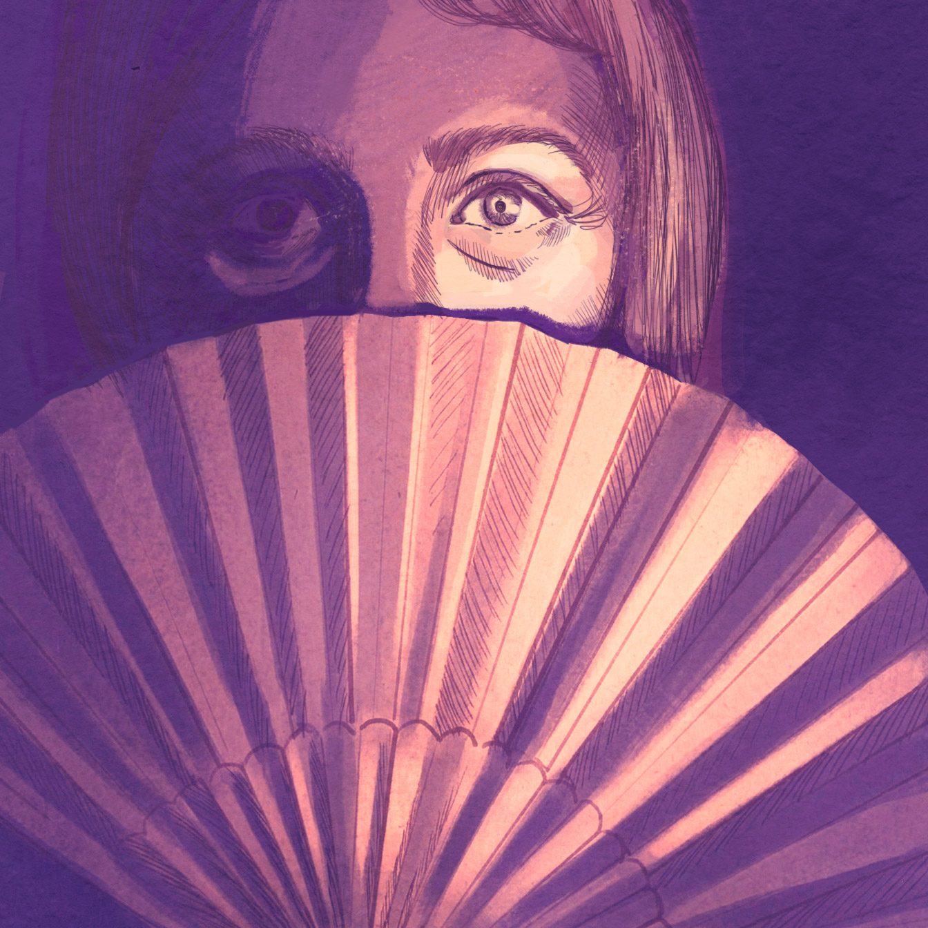 A stylized illustration of a woman’s face partially hidden behind a large folding fan, with one eye visible and the other obscured by a dark shadow, evoking themes of the 19th-century "rest cure" and women’s mental health history.