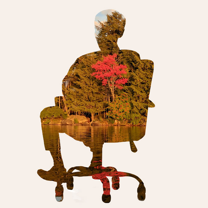flat off-white background with silhouette of a man sitting in a work chair. The silhouette is filled by a landscape photo of a lakeshore during golden hour lighting with a tree in the middle having bright red autumn leaves