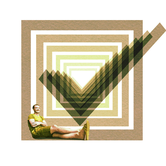 Man relaxing beside a large geometric checkmark design representing achievement, focus, and self-discipline in personal growth and mental health.