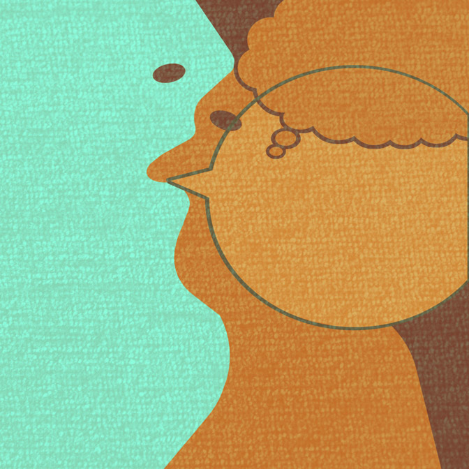 An abstract graphic of two profiles in conversation with the text 